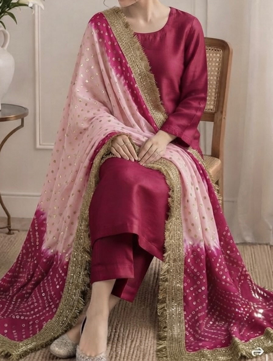 Silk suit with chunri dupatta, magenta and pink