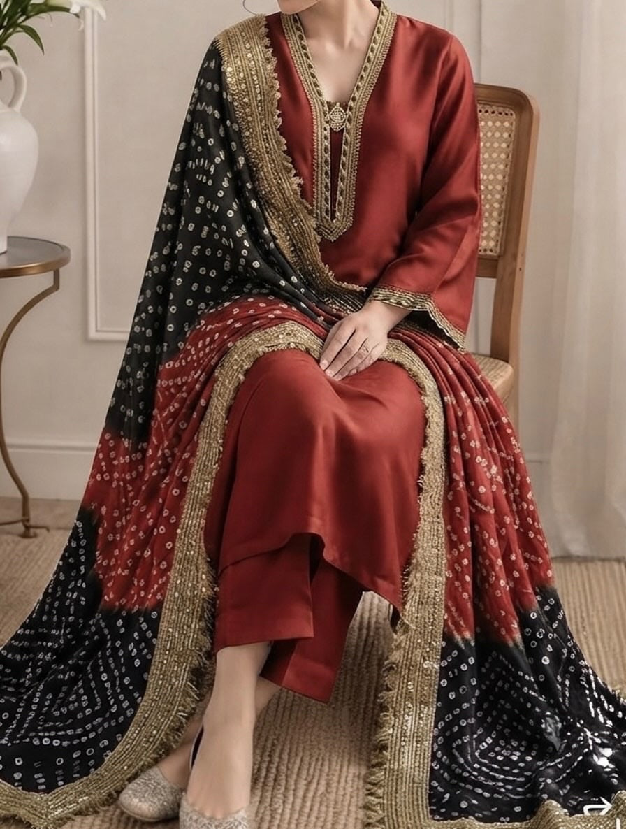 Silk suit with chunri dupatta, rust red and black
