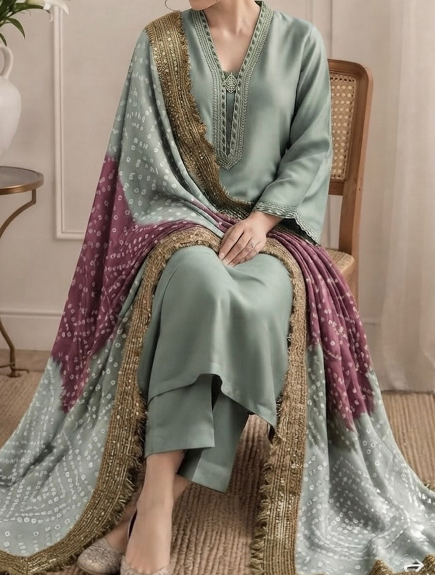 Silk suit with chunri dupatta, sage and plum