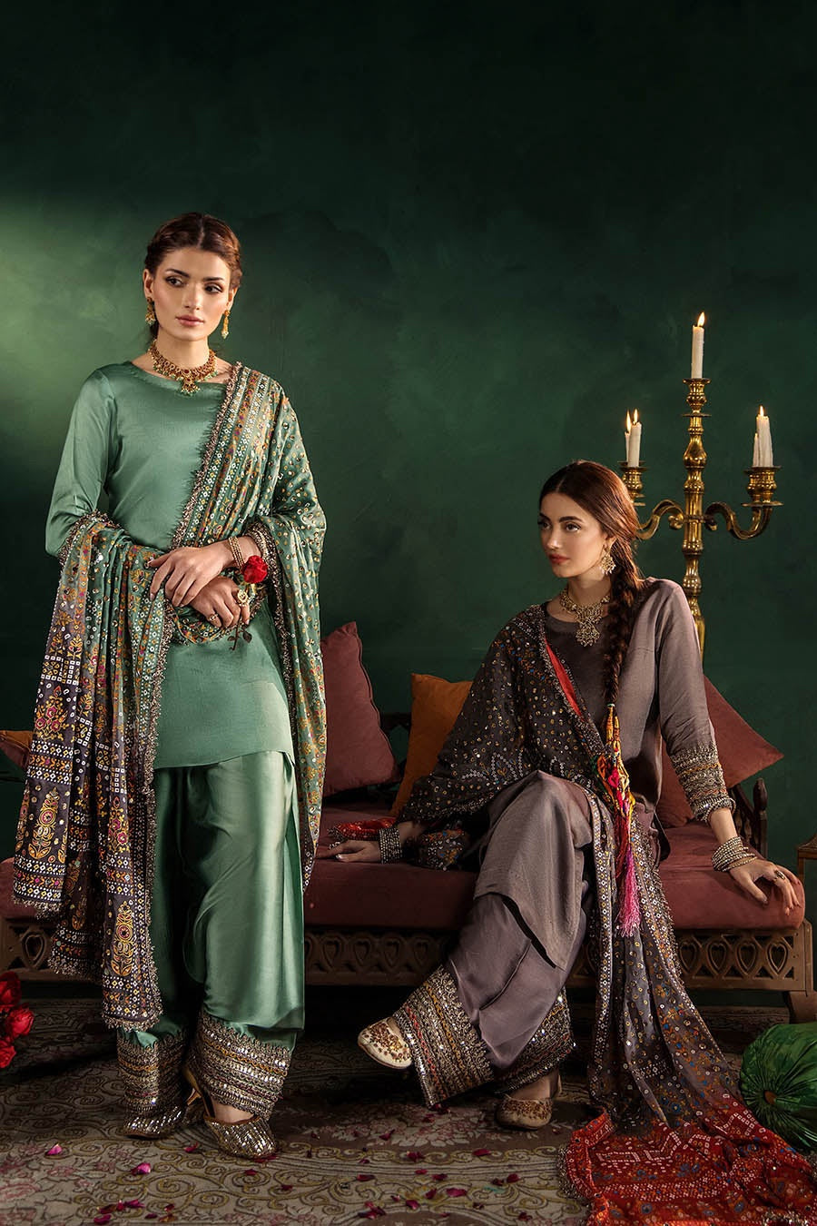 Silk suits with printed bandhani dupattas, both colourways