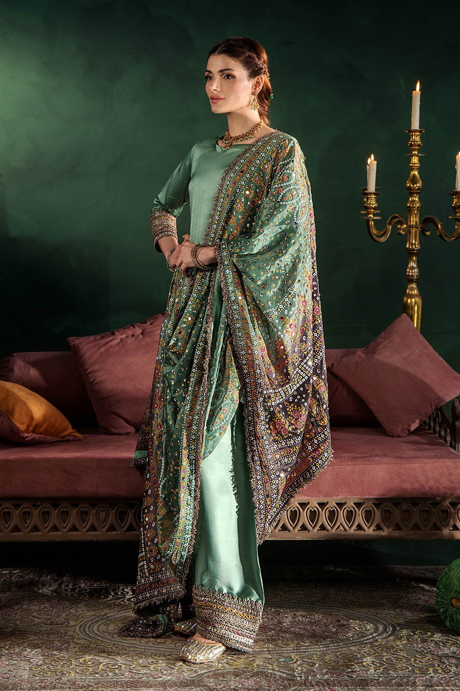 Silk suit with printed bandhani dupatta, sage green