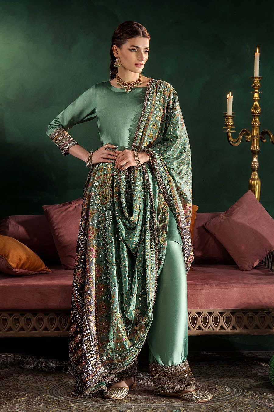 Silk suit with printed bandhani dupatta, sage green, second view