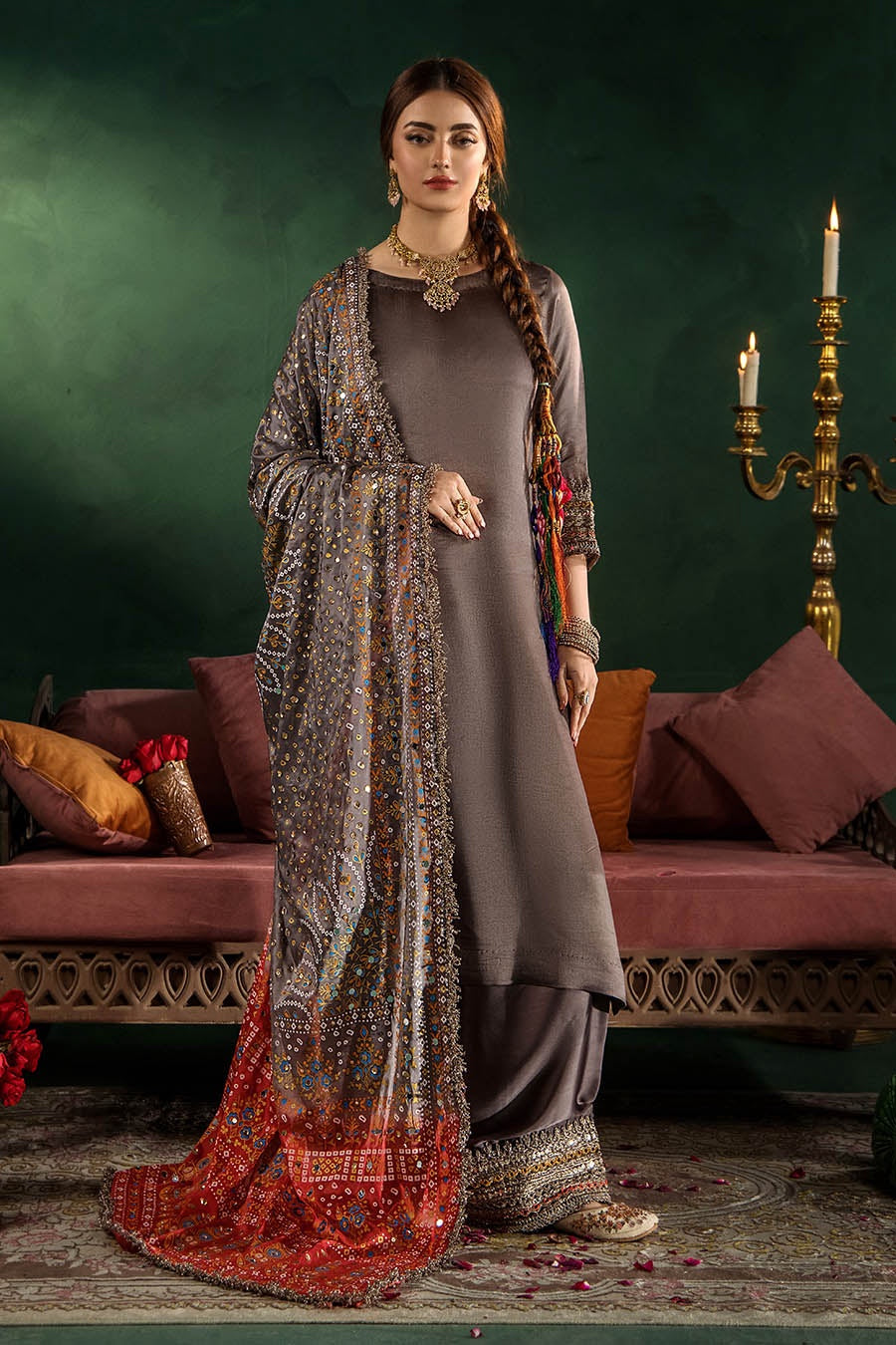 Silk suit with printed bandhani dupatta, taupe grey