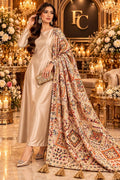 Cream kalamkari print shawl with tassels, worn