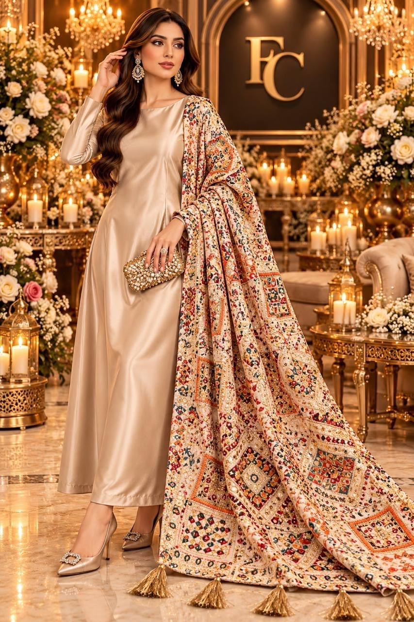 Cream kalamkari print shawl with tassels, worn