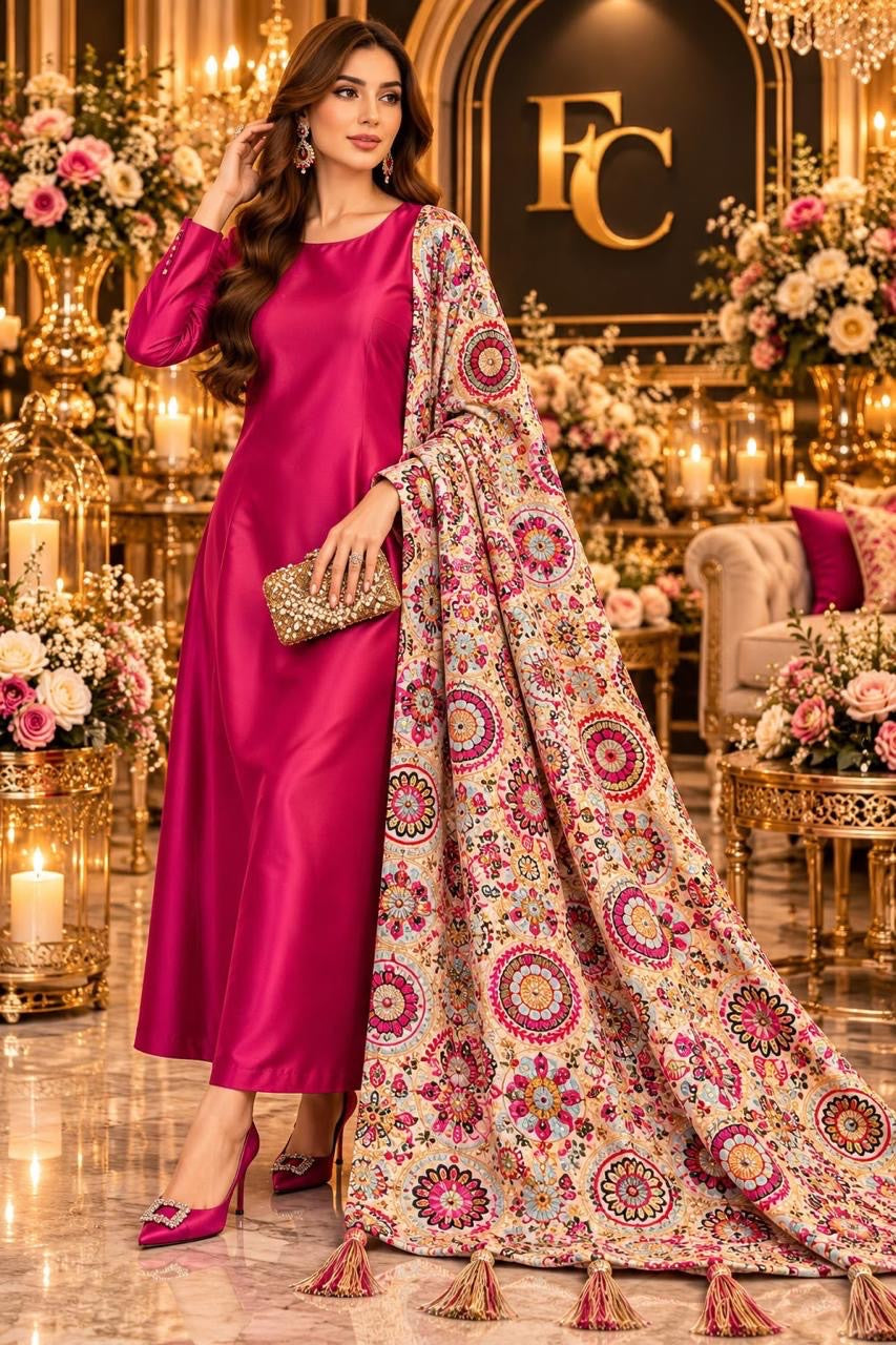 Pink medallion print shawl with tassels, worn