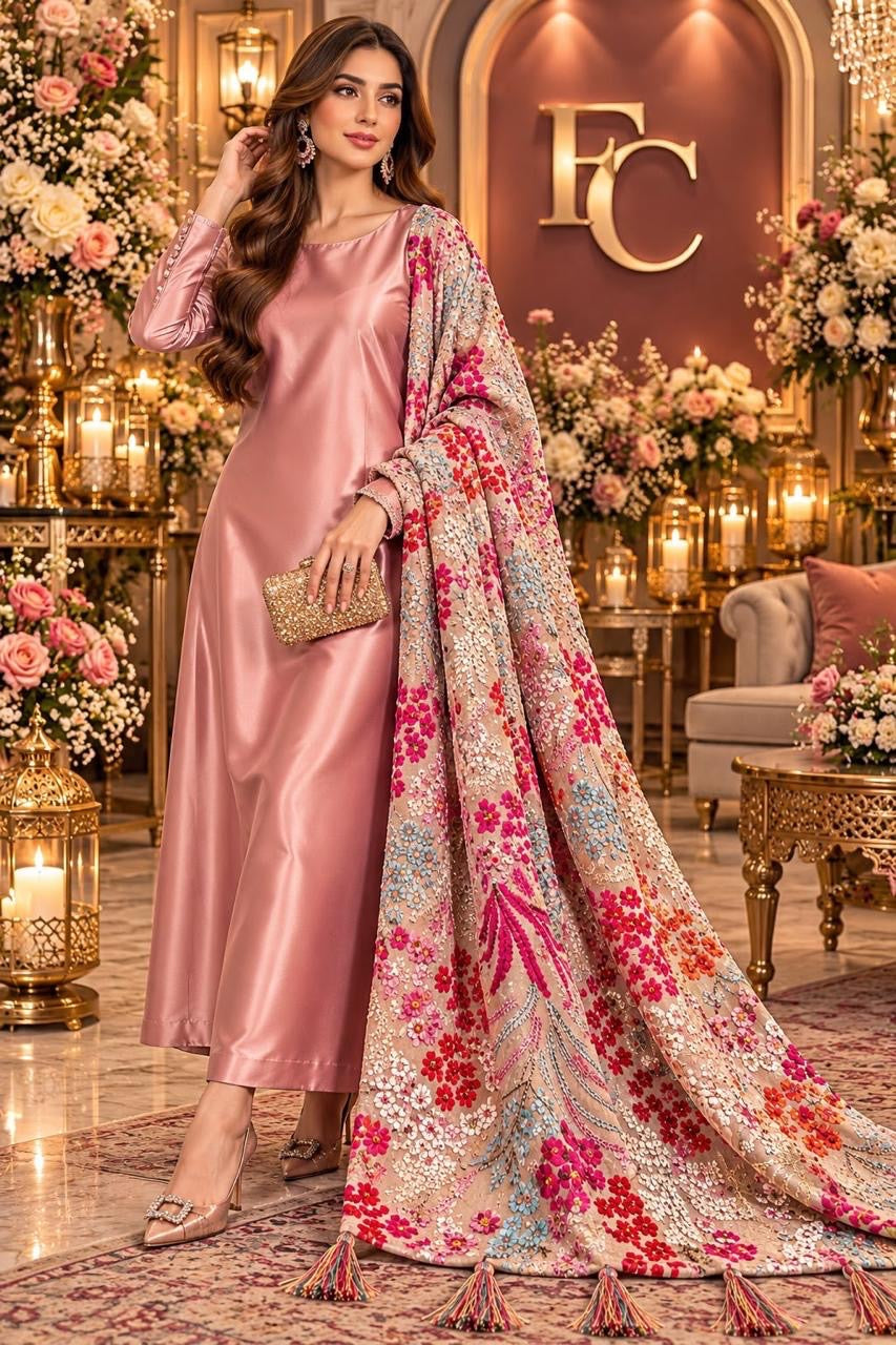 Pink floral print shawl with tassels, worn