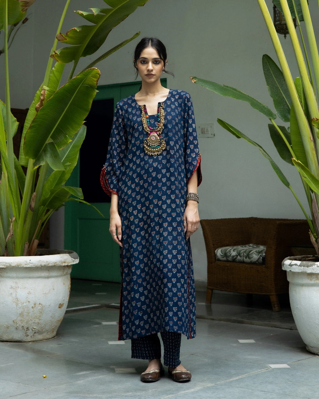 Lotus Block Print Kurta Set with Necklace - Indigo Blue