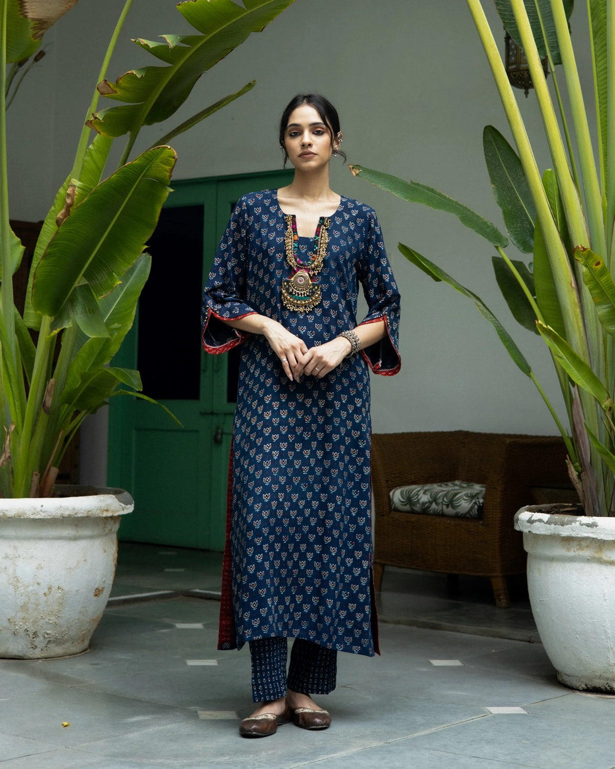 Lotus Block Print Kurta Set with Necklace - Indigo Blue, front