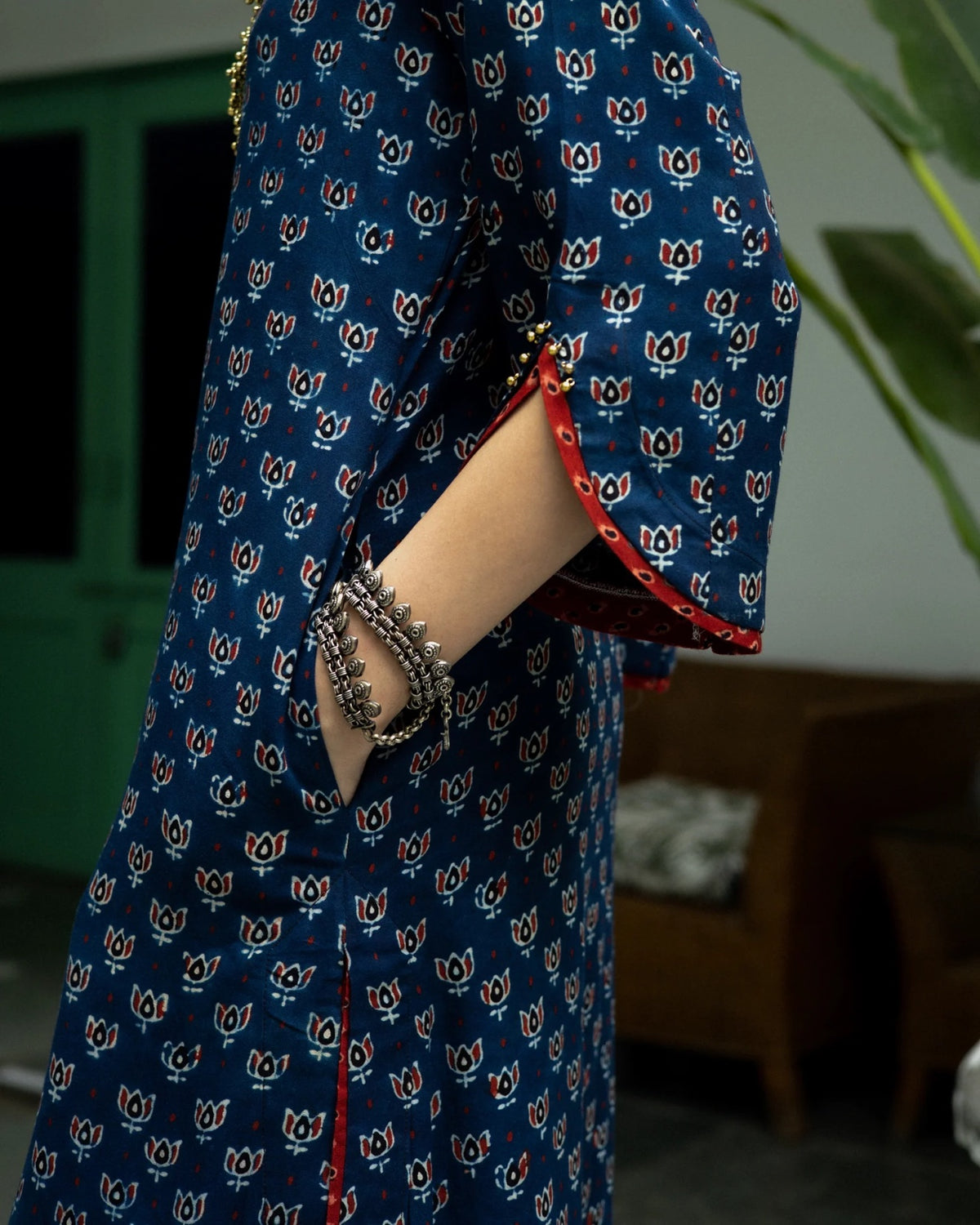Lotus Block Print Kurta Set with Necklace - Indigo Blue, sleeve close-up