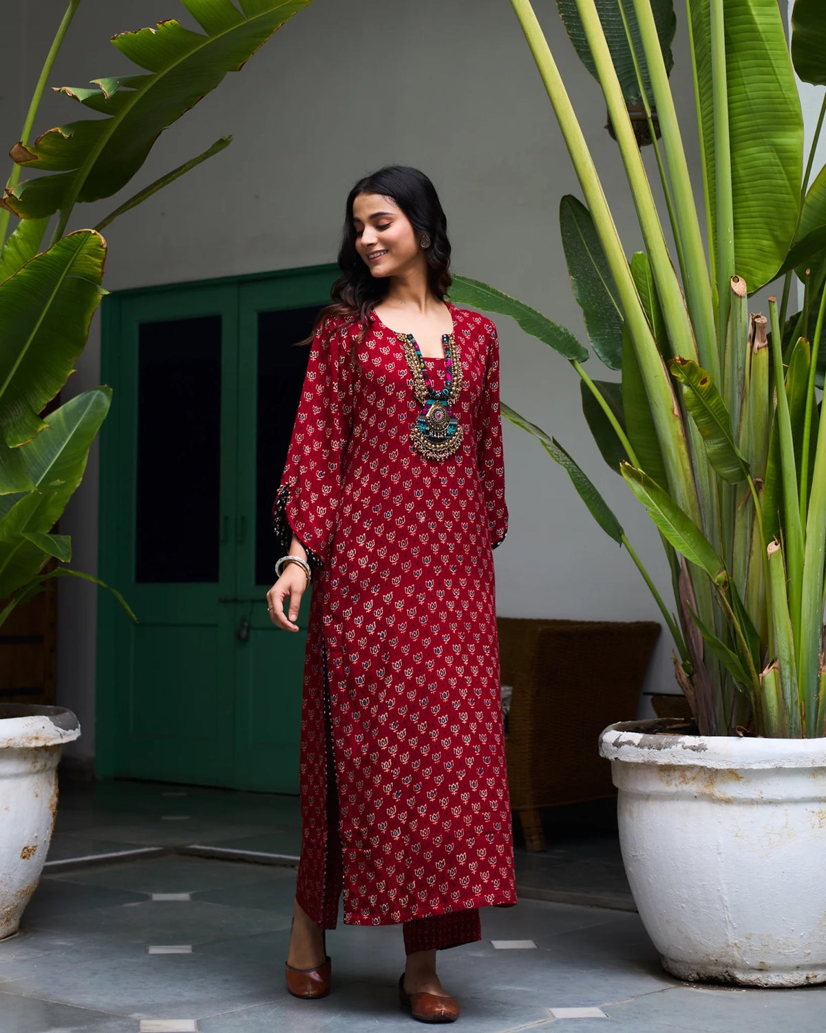 Lotus Block Print Kurta Set with Necklace - Maroon Red