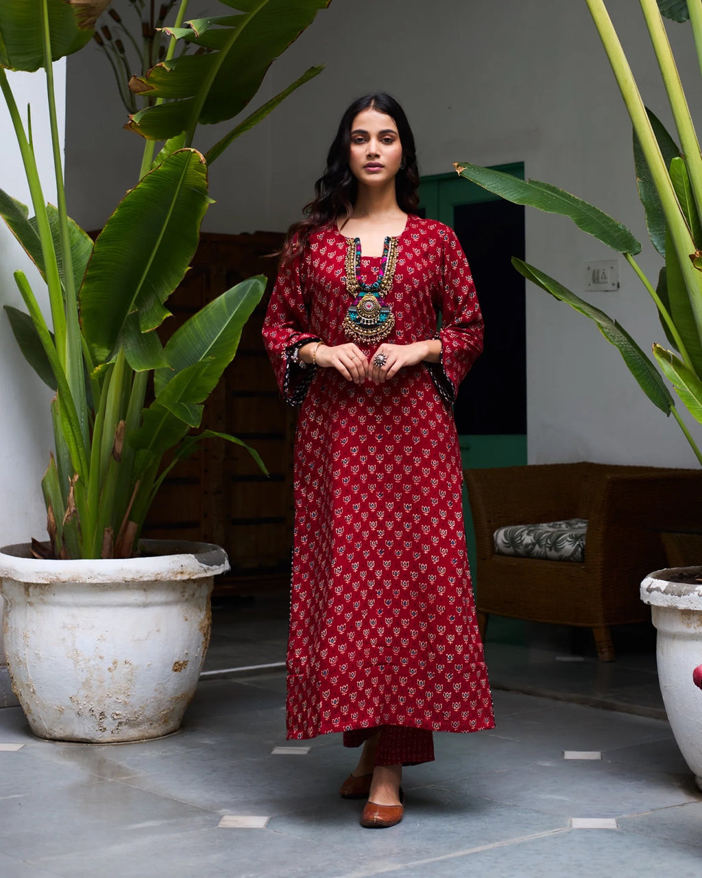 Lotus Block Print Kurta Set with Necklace - Maroon Red, front