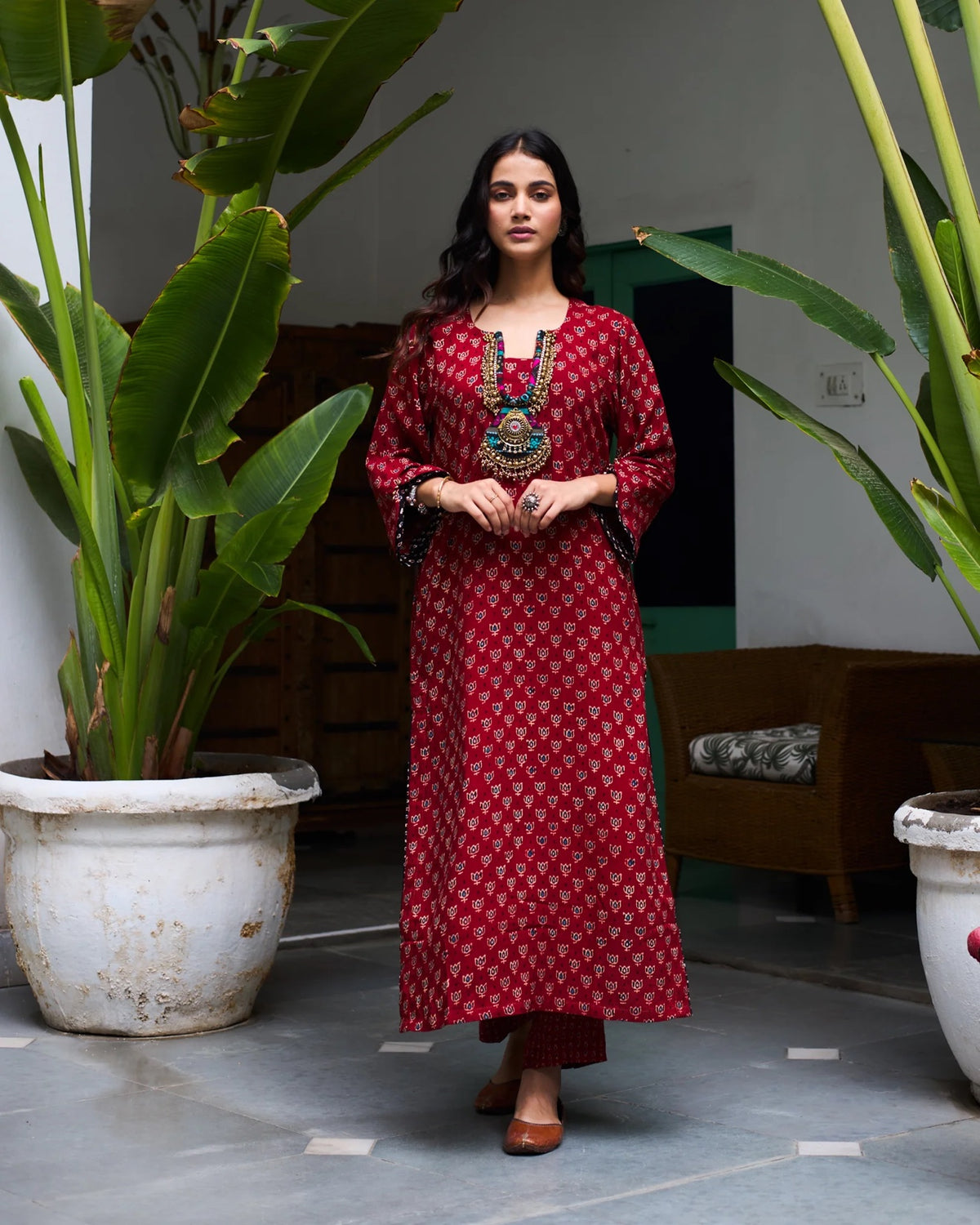 Lotus Block Print Kurta Set with Necklace - Maroon Red, front
