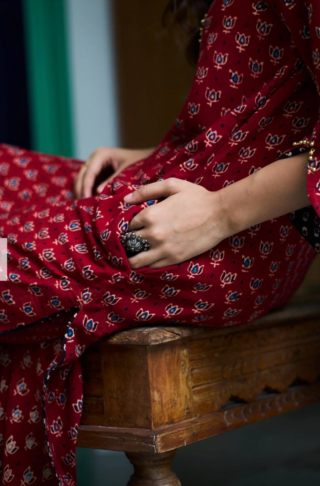 Lotus Block Print Kurta Set with Necklace - Maroon Red, fabric close-up