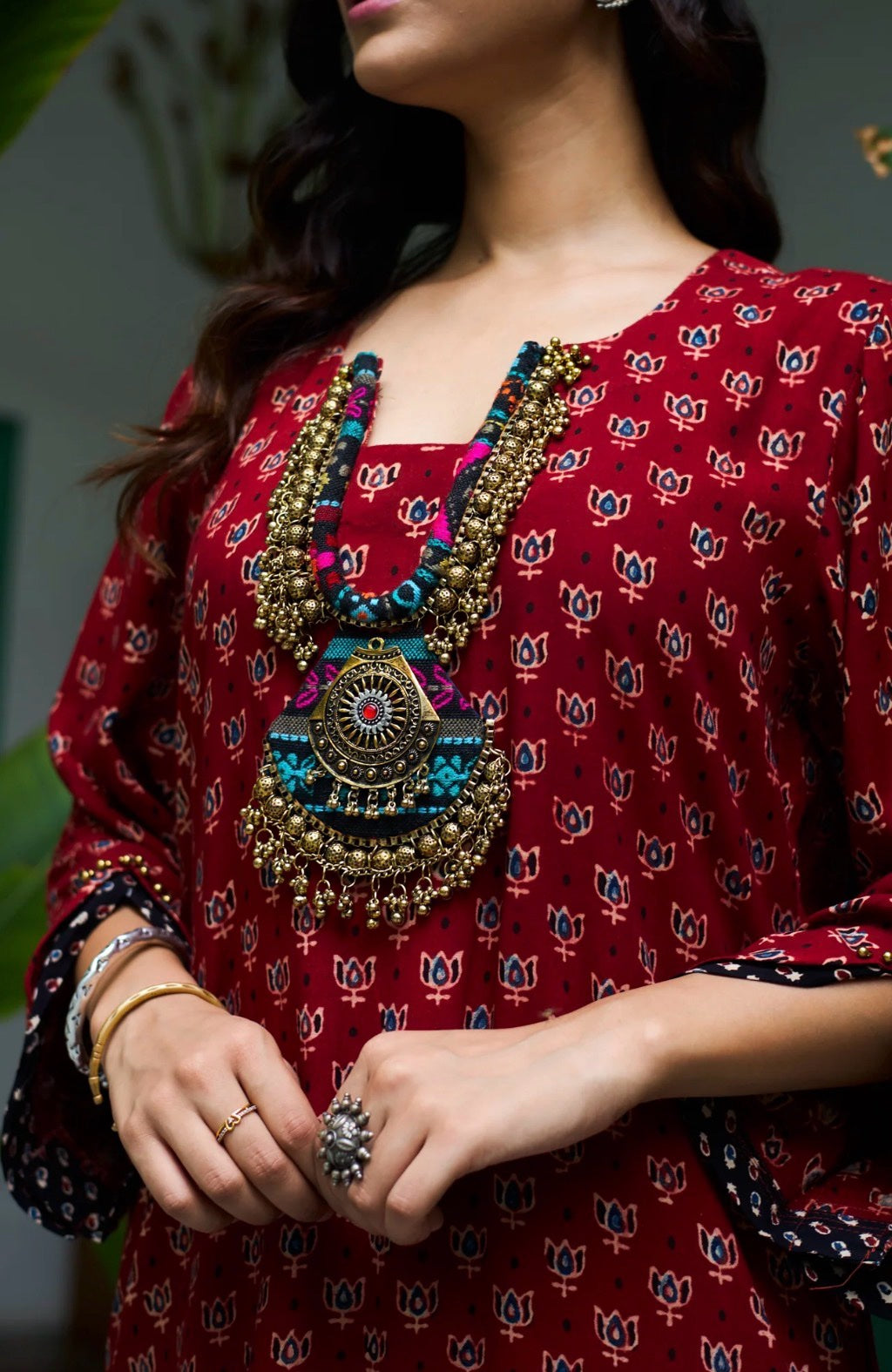 Lotus Block Print Kurta Set with Necklace - Maroon Red, necklace neckline close-up