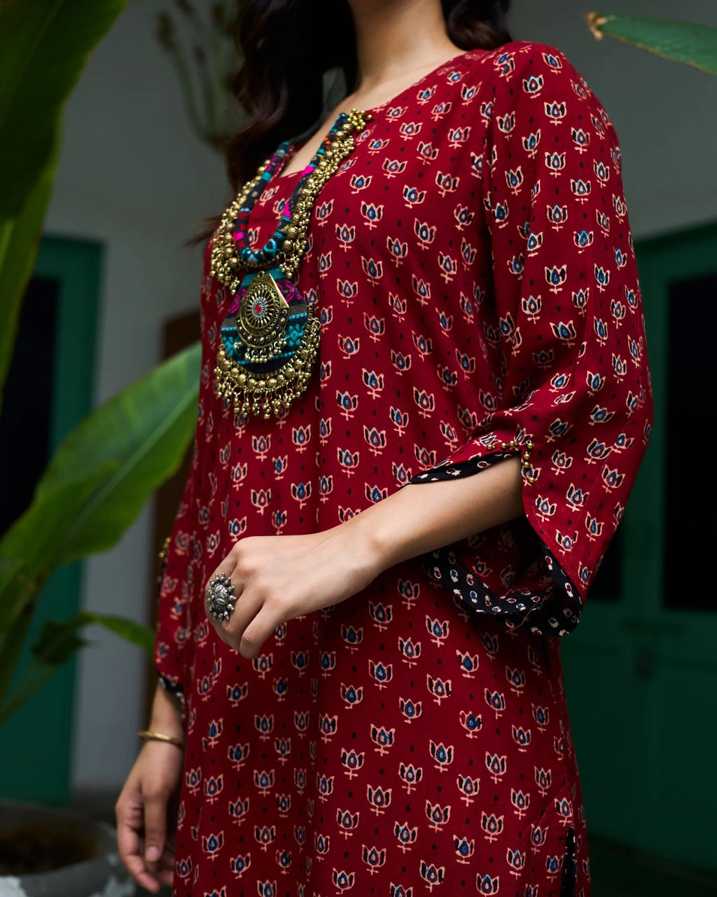 Lotus Block Print Kurta Set with Necklace - Maroon Red, sleeve close-up