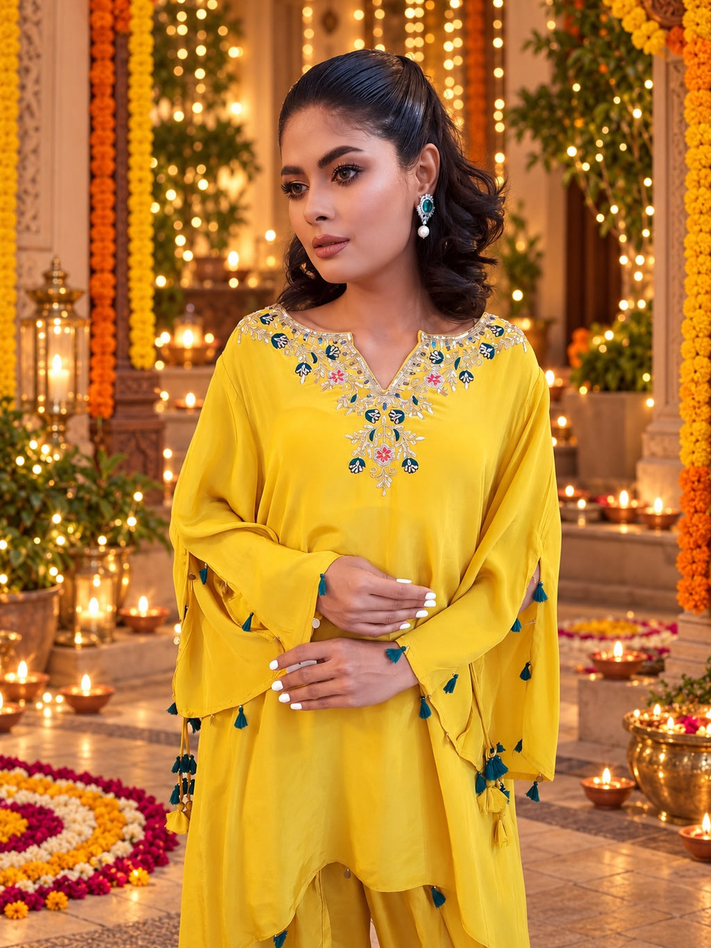 Mustard Embroidered Kaftan Coord Set - neckline detail