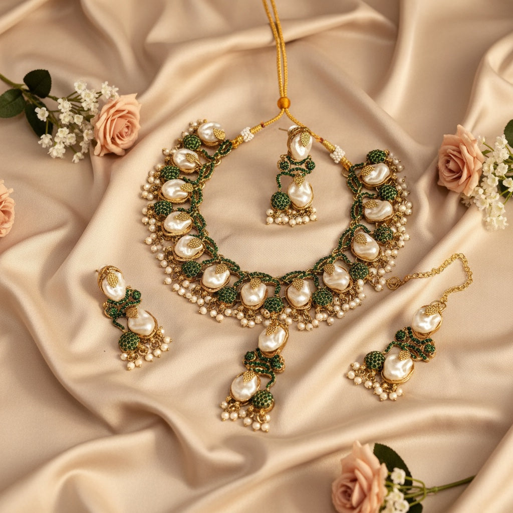 Baroque pearl and green bead necklace set with earrings