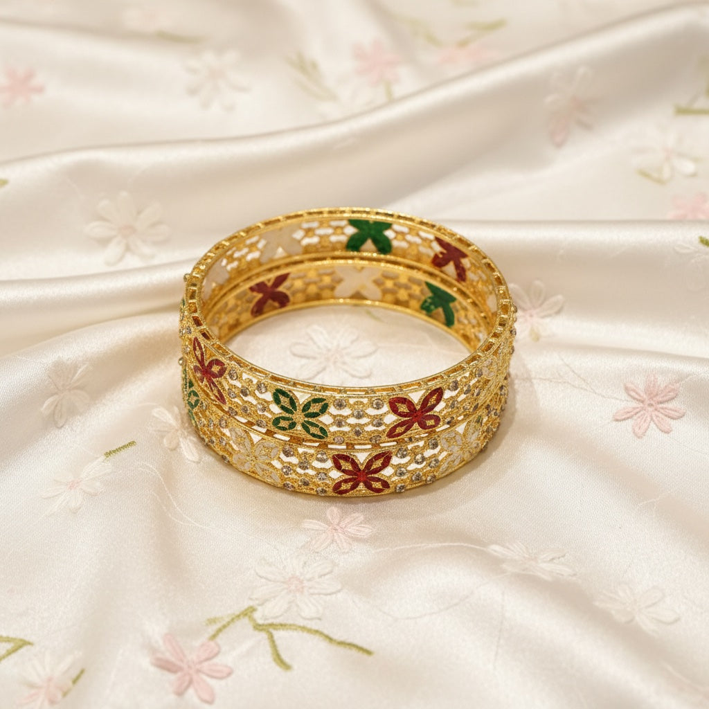 Gold enamel butterfly bangles, pair