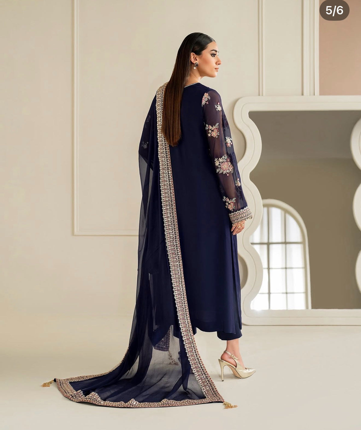 Embroidered Chiffon 3-Piece Suit - Navy Blue, back view
