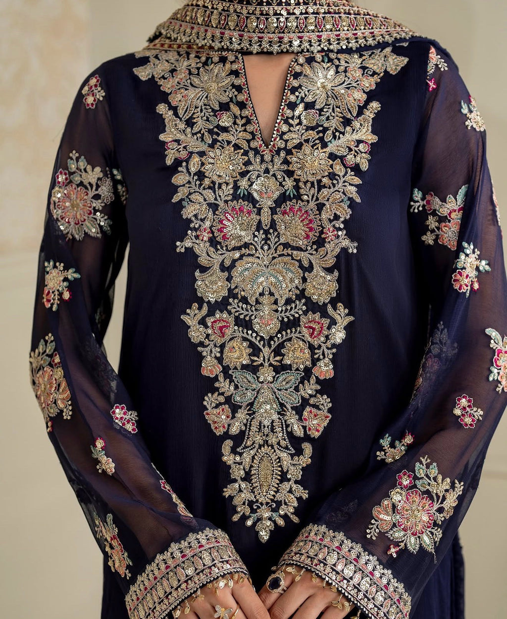 Embroidered Chiffon 3-Piece Suit - embroidery close-up