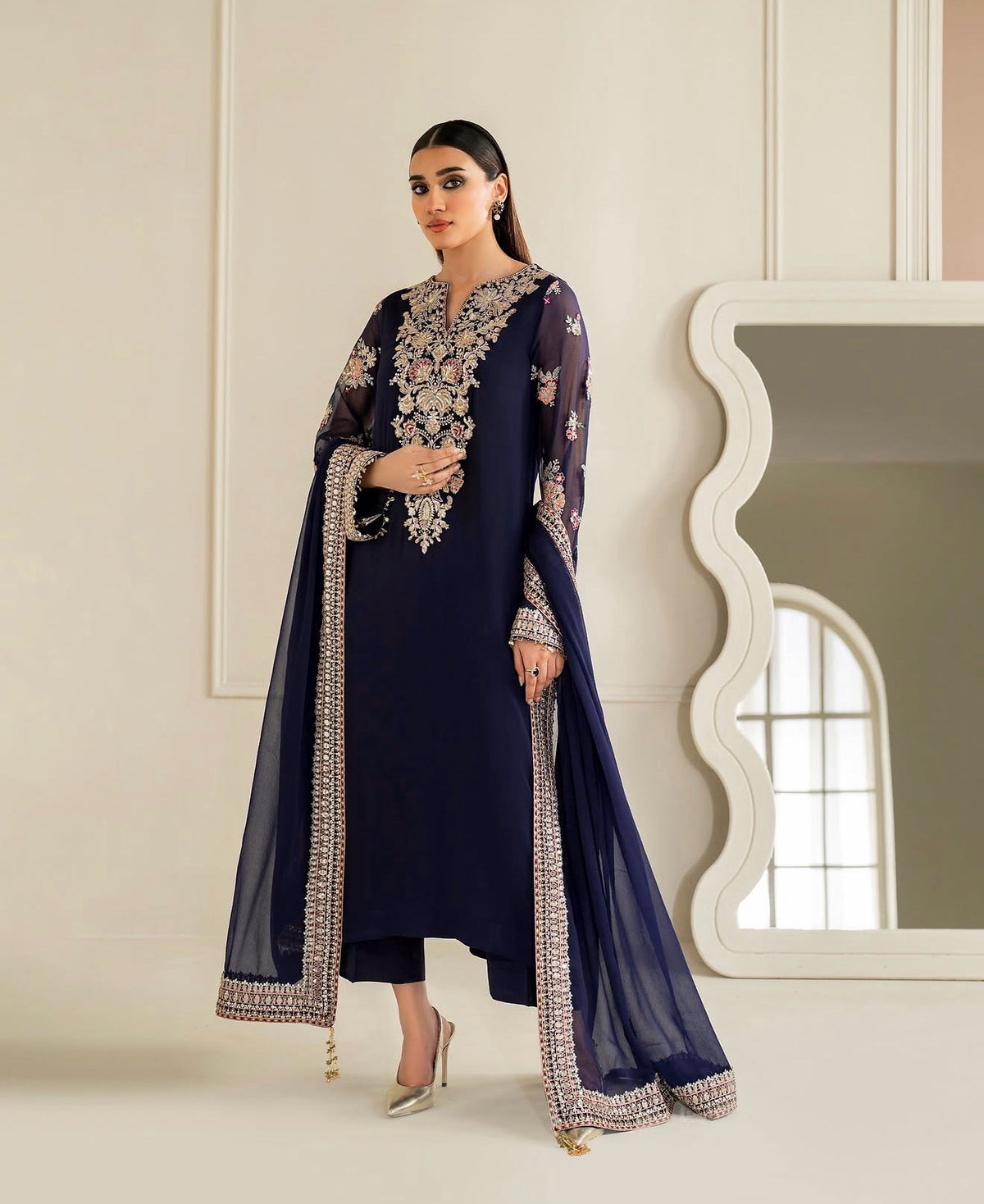 Embroidered Chiffon 3-Piece Suit - Navy Blue, front with dupatta