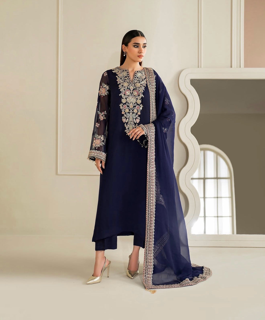 Embroidered Chiffon 3-Piece Suit - Navy Blue, full front