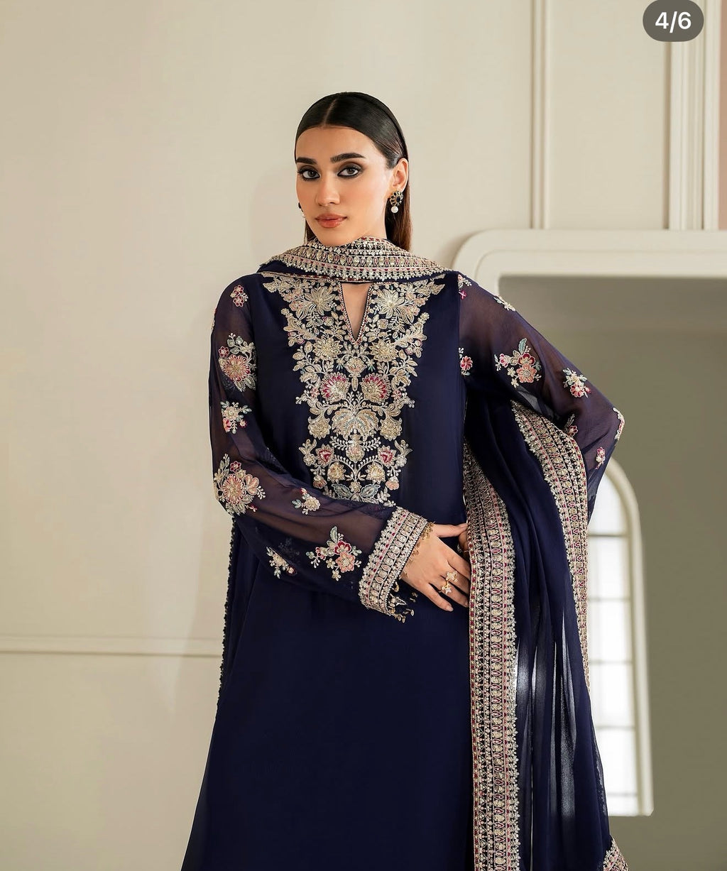 Embroidered Chiffon 3-Piece Suit - Navy Blue, dupatta over shoulder