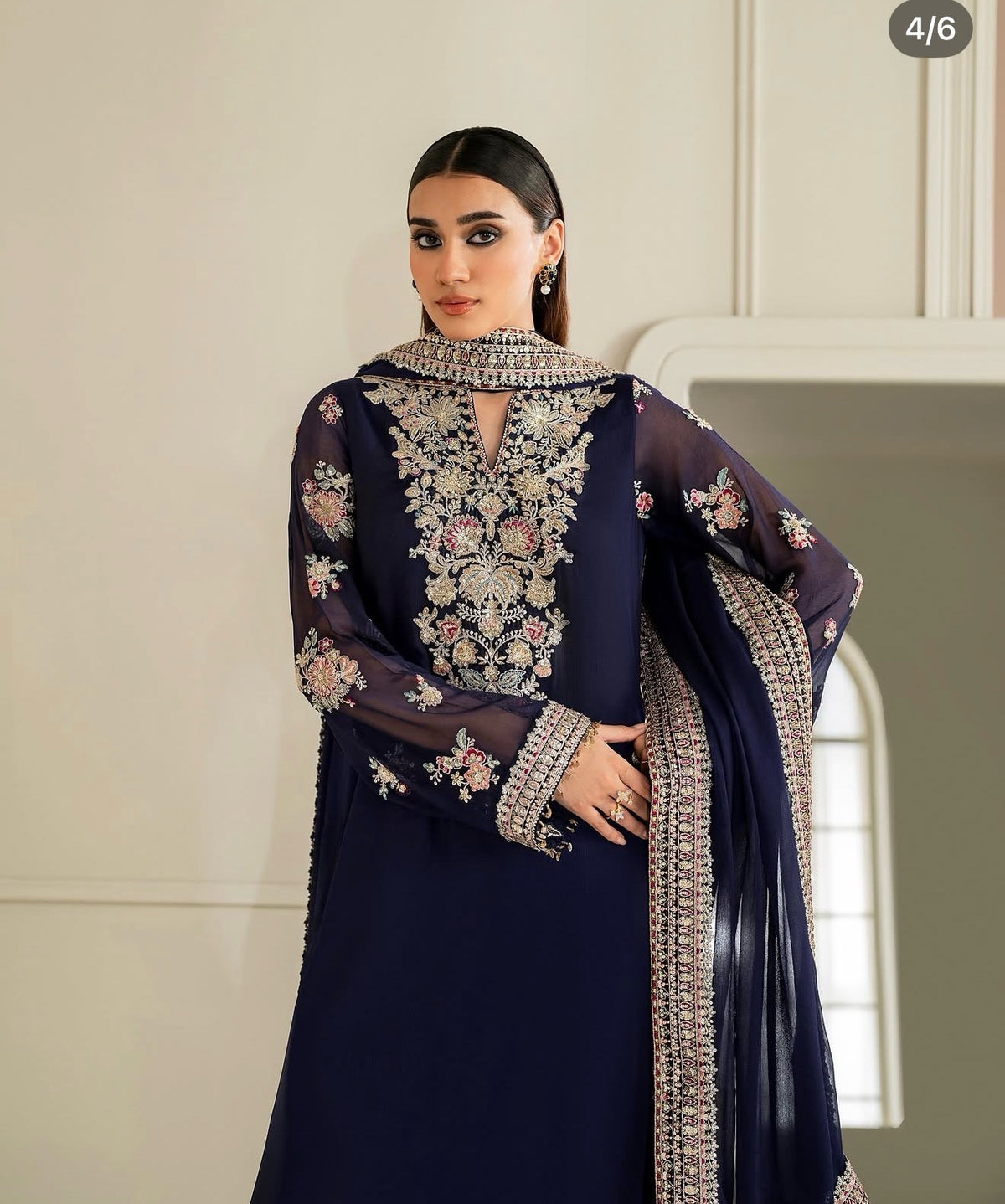 Embroidered Chiffon 3-Piece Suit - Navy Blue, dupatta over shoulder