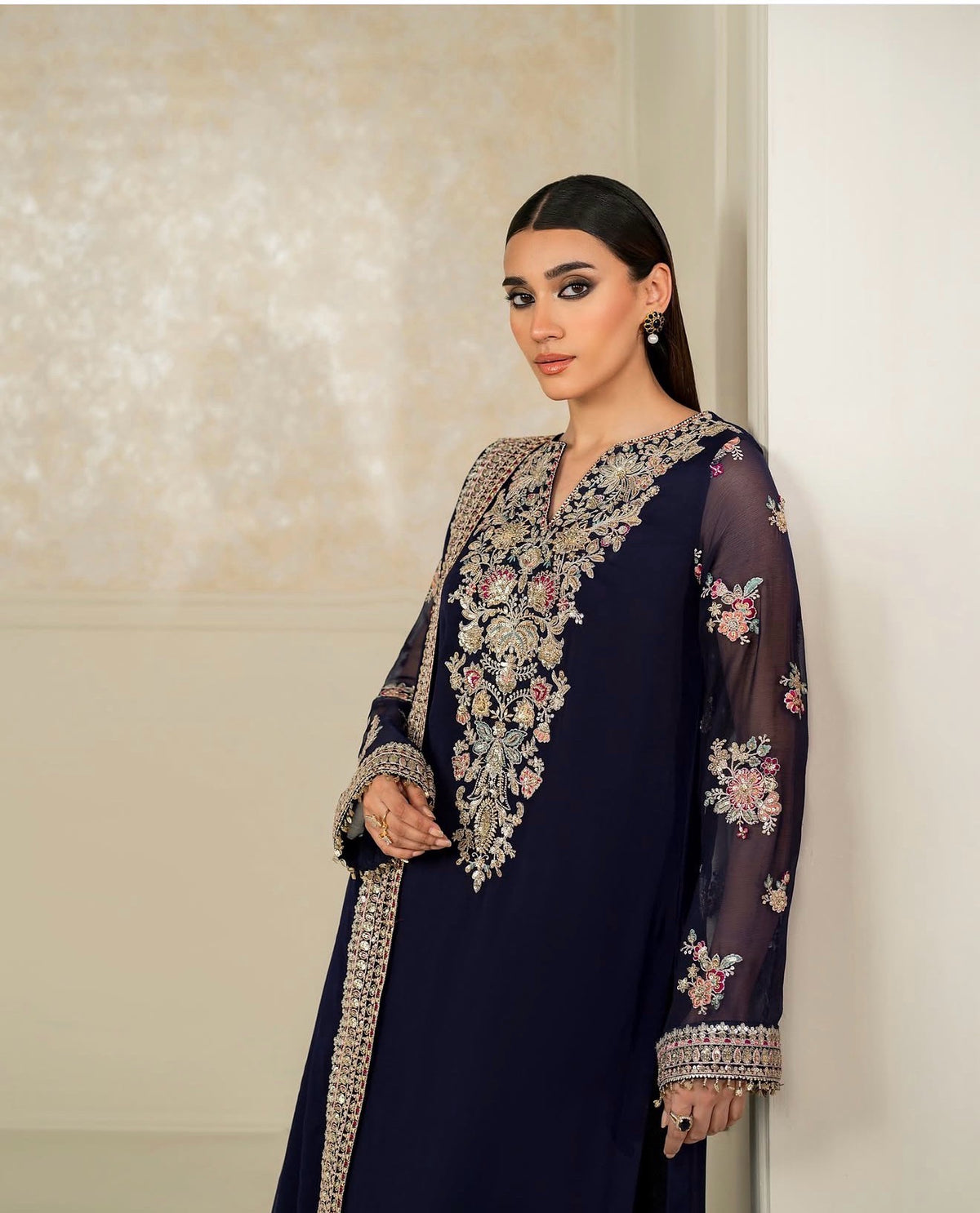 Embroidered Chiffon 3-Piece Suit - Navy Blue, side view