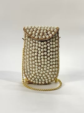 Pearl phone pouch with gold chain