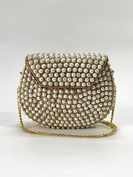 Pearl round clutch with gold chain