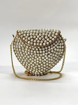 Pearl heart clutch with gold chain