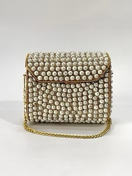 Pearl box clutch with gold chain