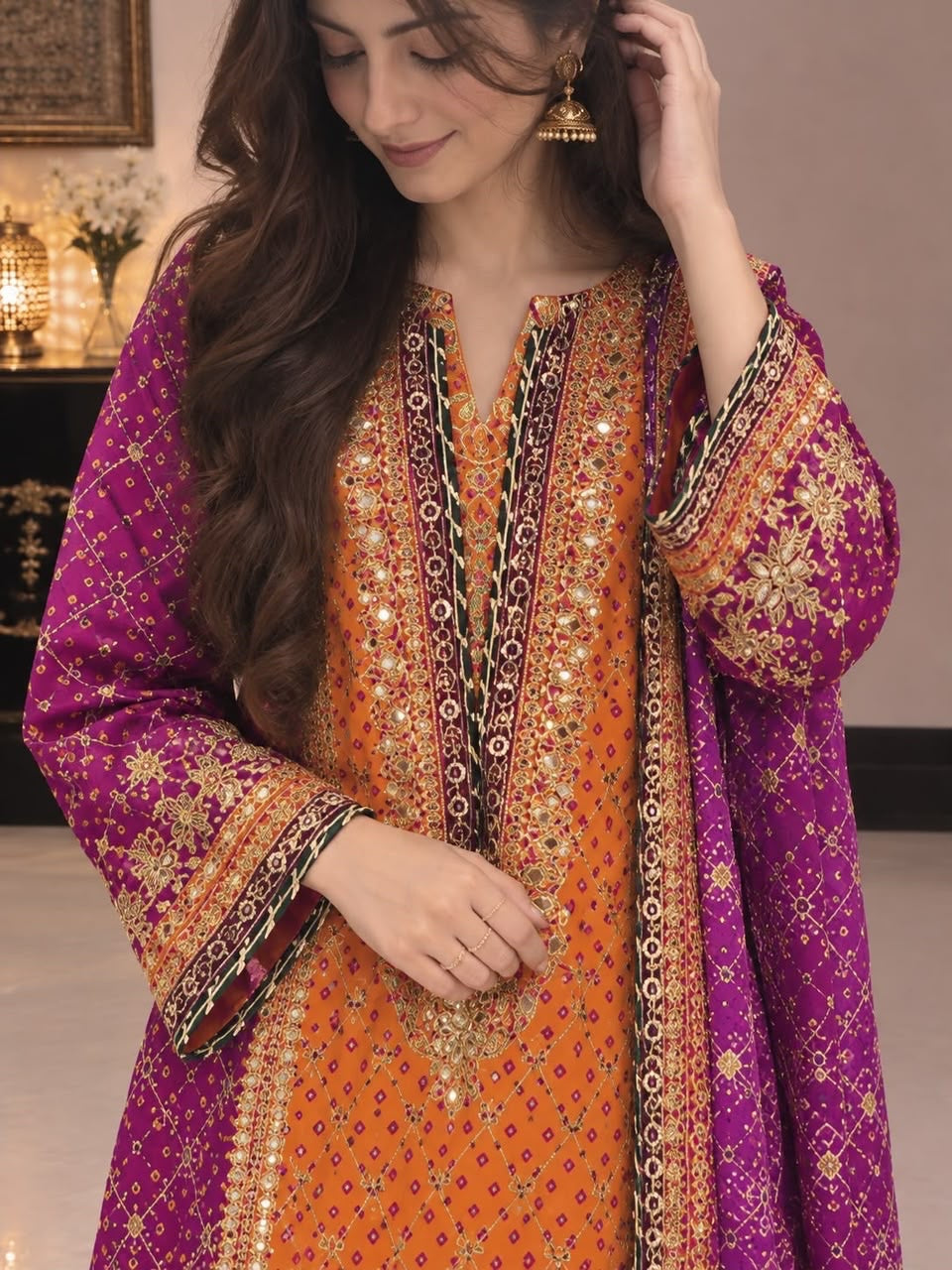 Orange Magenta Embroidered Festive 3-Piece Suit, embroidery close-up