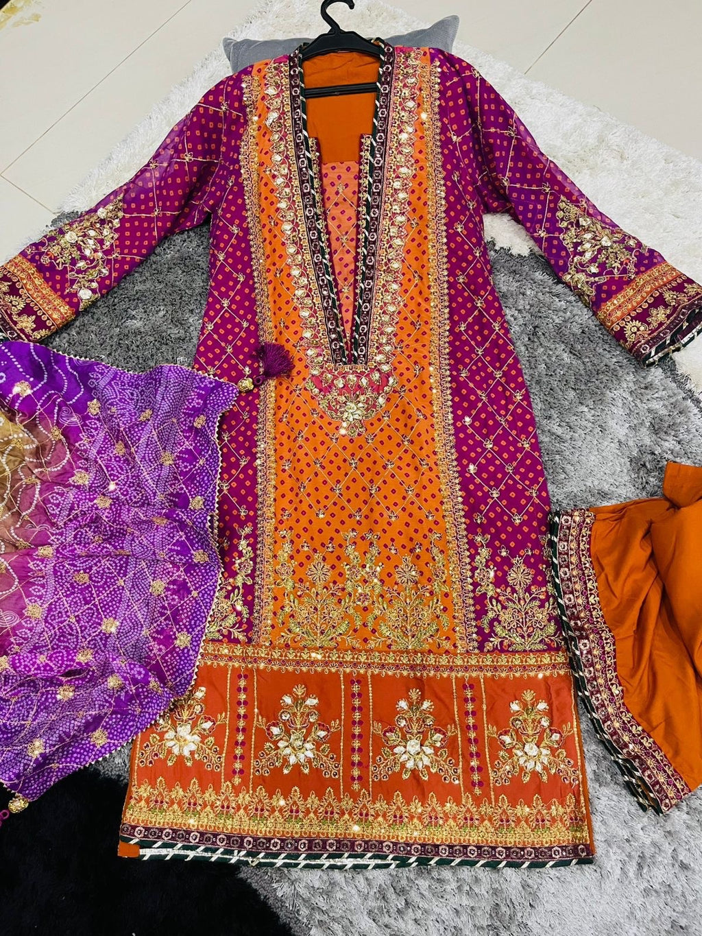 Orange Magenta Embroidered Festive 3-Piece Suit, flat lay