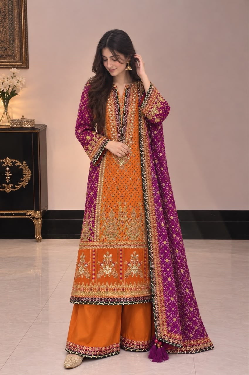 Orange Magenta Embroidered Festive 3-Piece Suit, worn