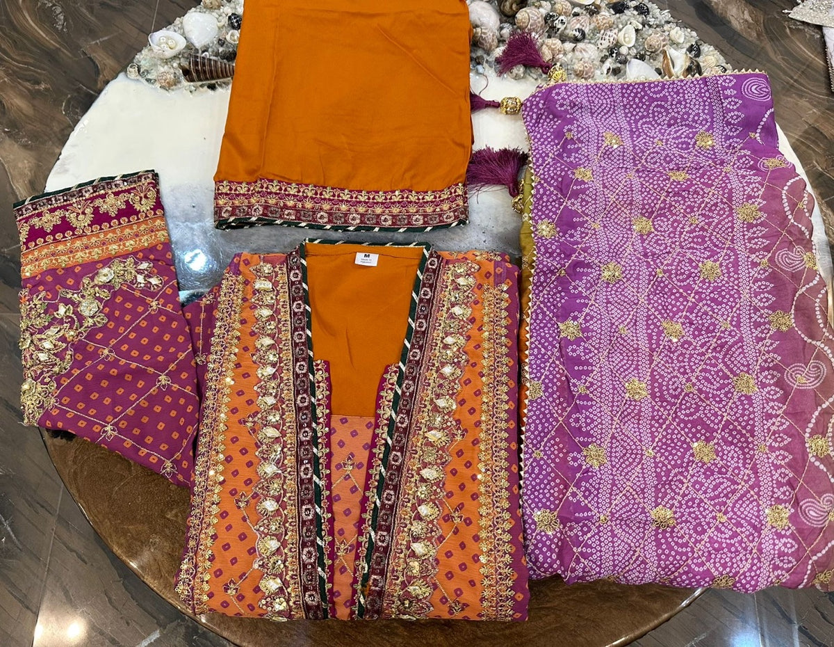 Orange Magenta Embroidered Festive 3-Piece Suit, full set