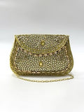 Gold crystal mesh clutch