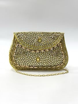 Gold crystal mesh clutch