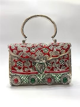 Red enamel box clutch with handle