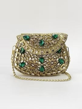 Gold clutch with green teardrop stones