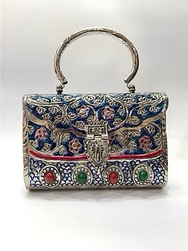Blue enamel box clutch with handle