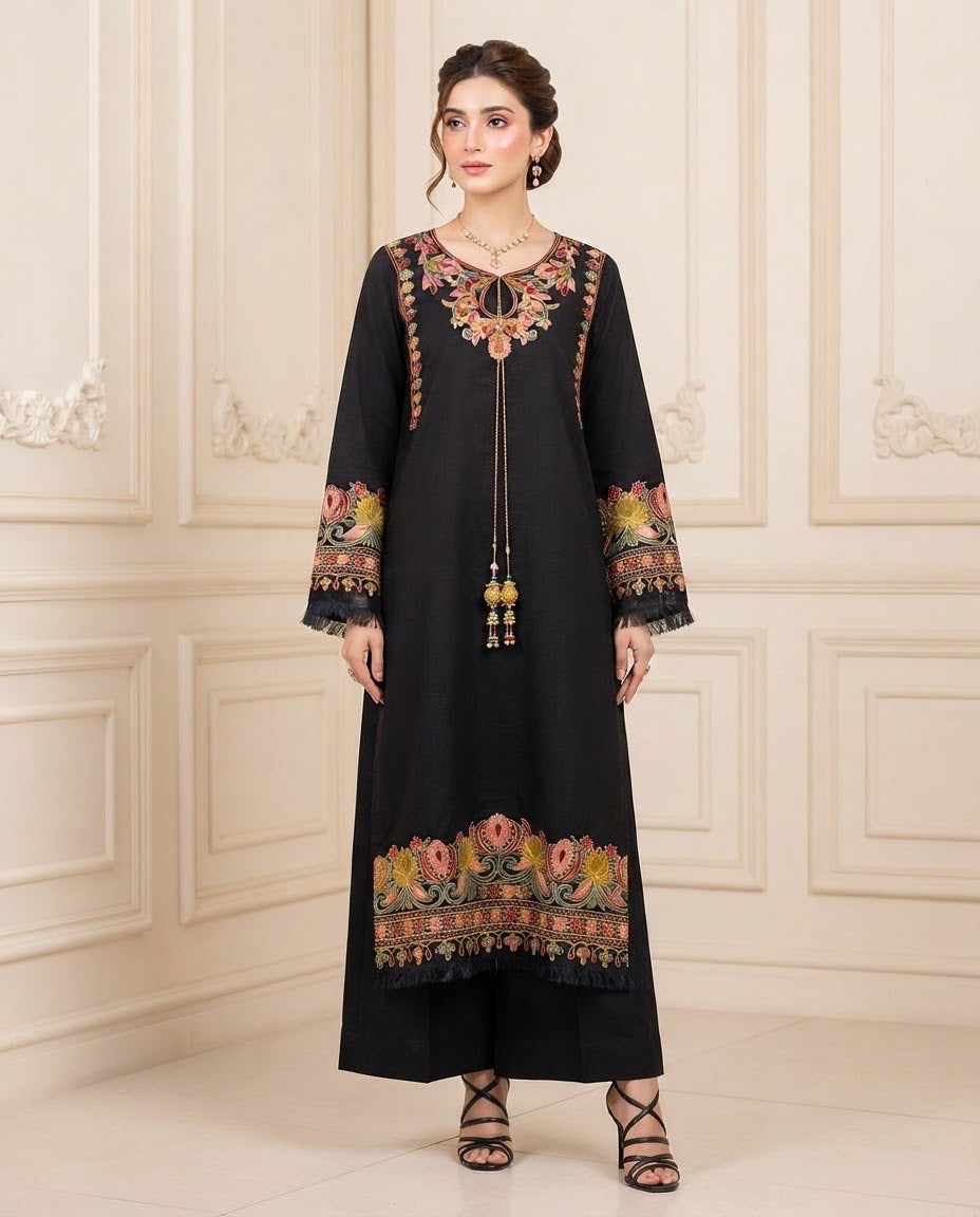 Embroidered Pashmina Coord Set - Black