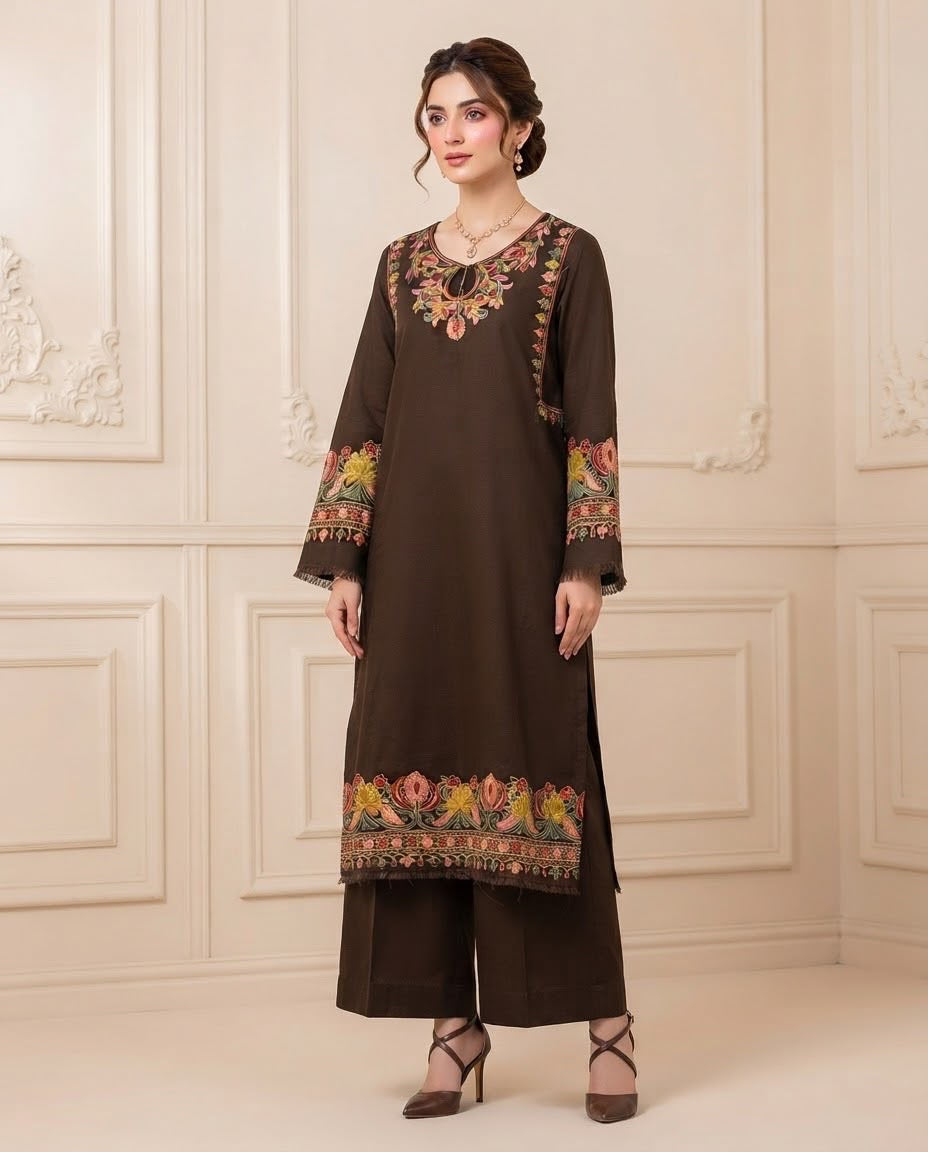 Embroidered Pashmina Coord Set - Chocolate Brown