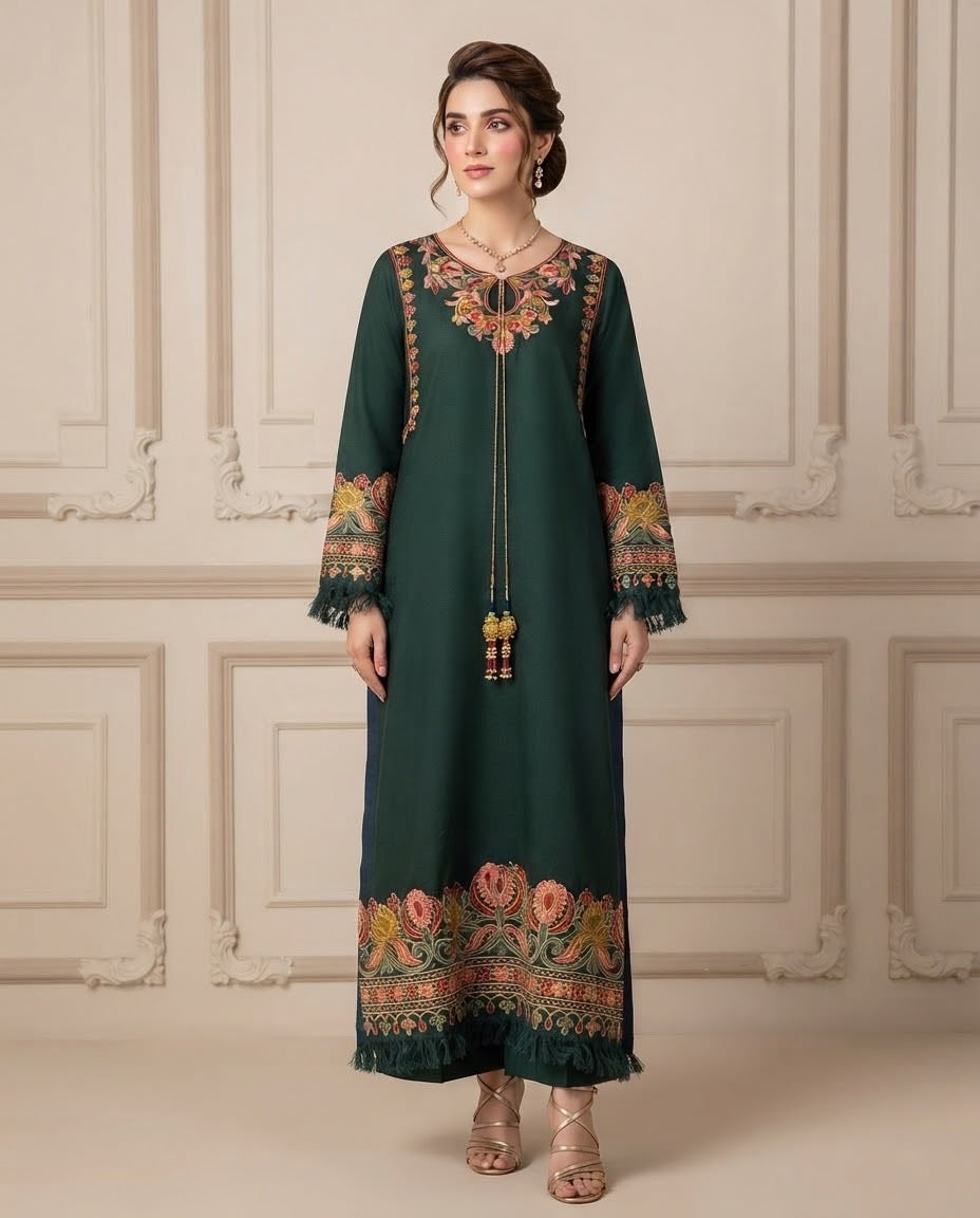 Embroidered Pashmina Coord Set - Dark Green