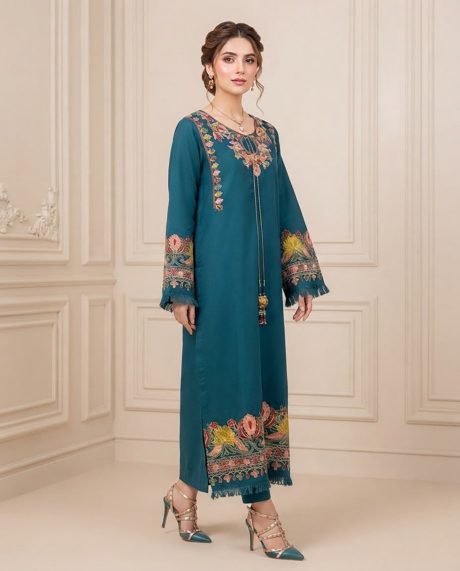 Embroidered Pashmina Coord Set - Teal
