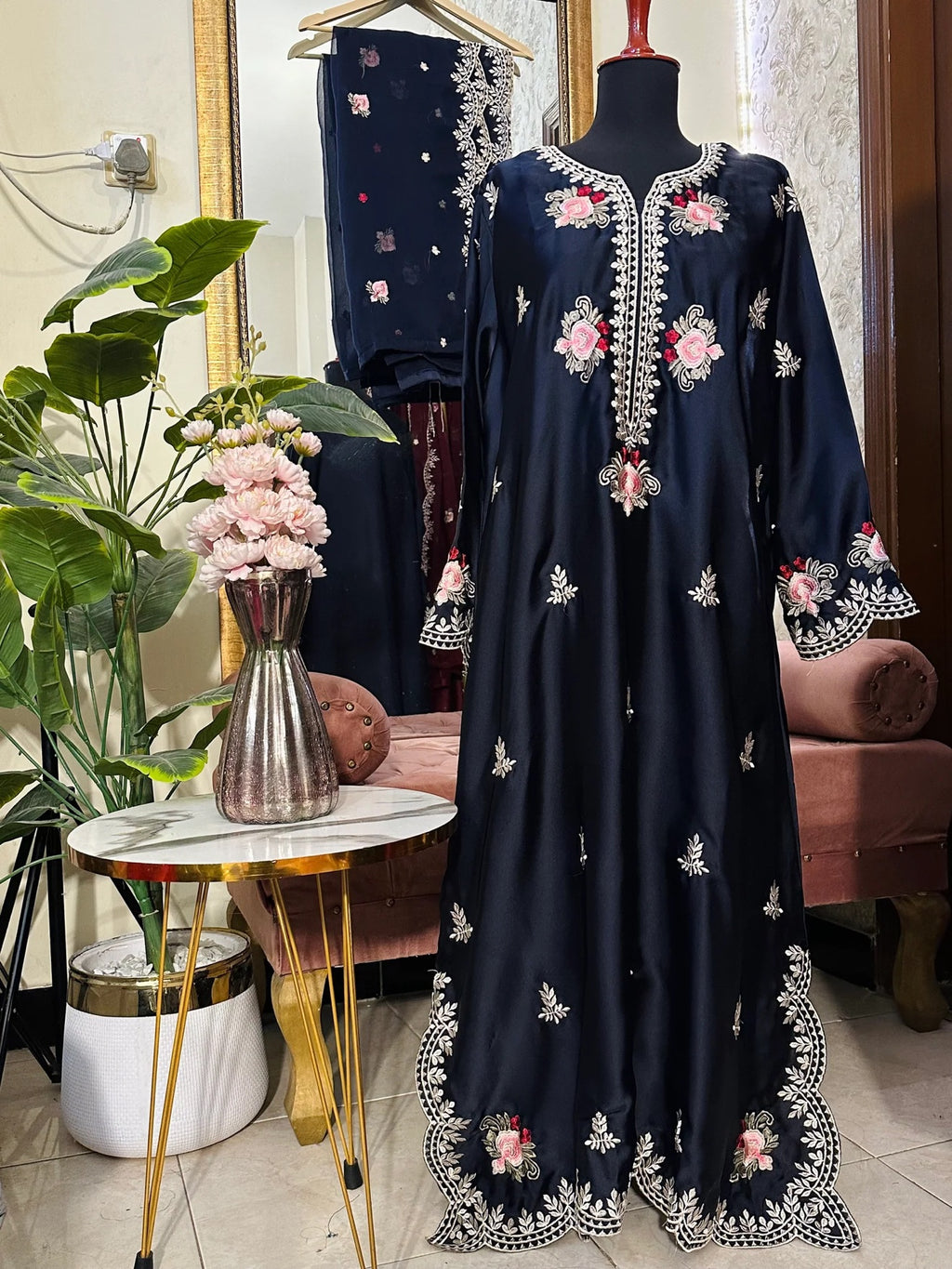 Midnight blue Russian silk kaftan on mannequin with dupatta