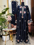Midnight blue Russian silk kaftan on mannequin with dupatta