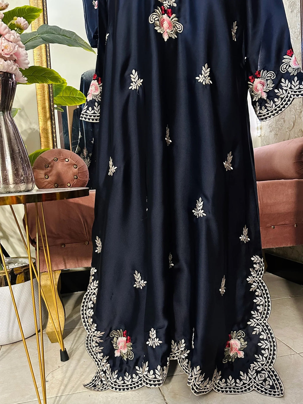 Midnight blue Russian silk kaftan - embroidered hem detail